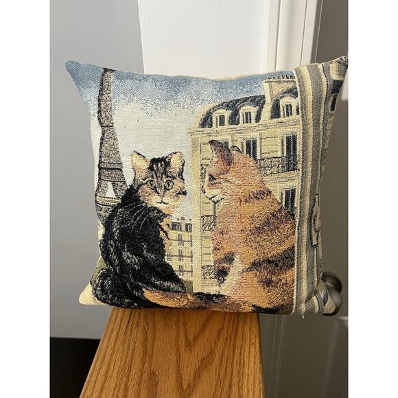 Vtg Metrax Craye Group Flemish Tapestry Cat Pillow 12x12 - Picture 1 of 6